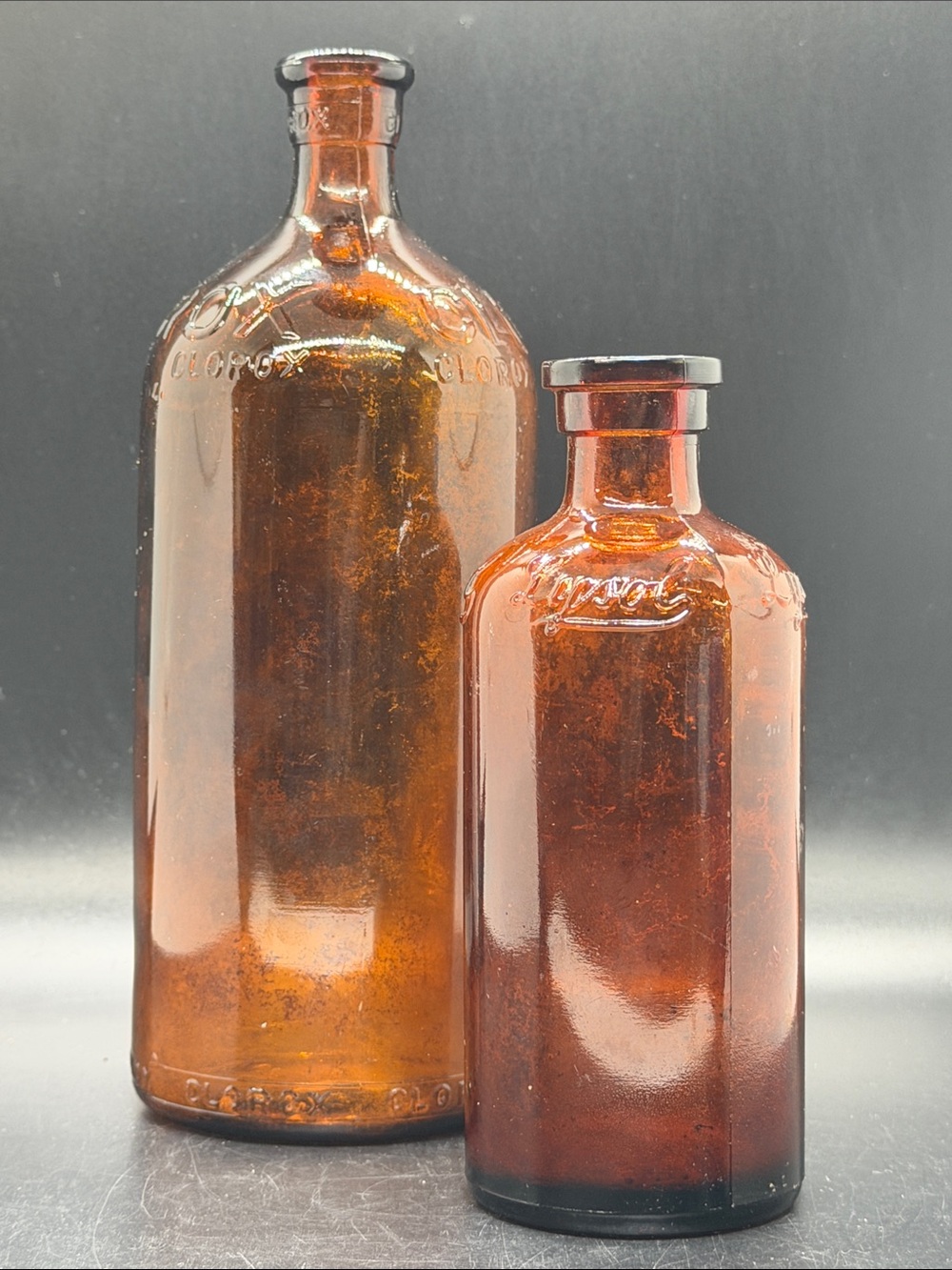 Vintage MCM Amber Clorox and Lysol Glass Disinfectant Bottles 40s 50s Set of 2